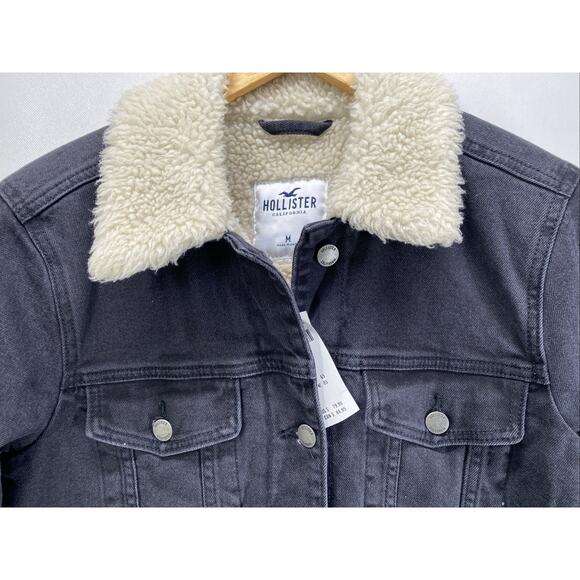 Hollister Black Denim Fleece Lined Cropped Jacket Women’s Medium 38” Chest NEW - Picture 2 of 9